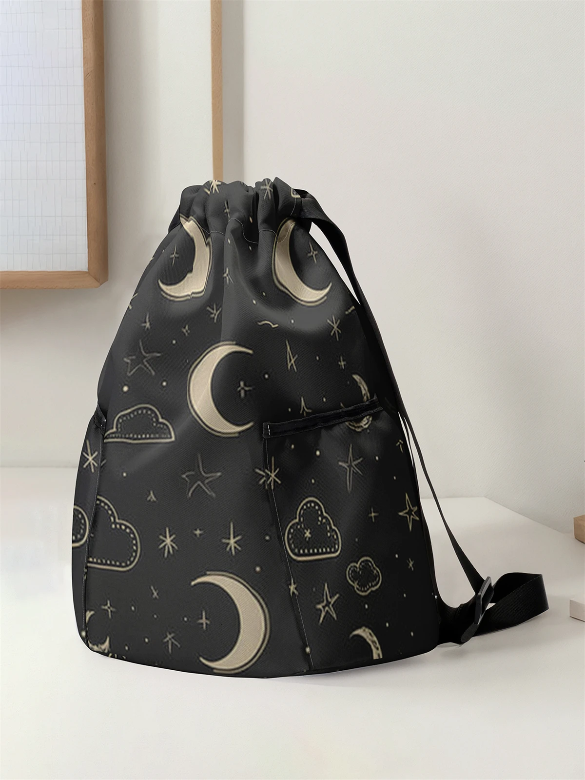 Moon and Star Pattern Drawstring Backpack - Large Capacity Durable Fitness Bag, Adjustable Shoulder Strap, Sports Beach Backpack