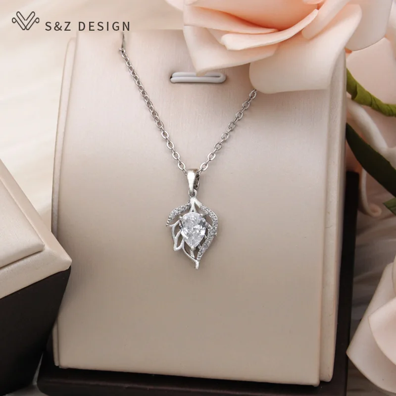 S&Z DESIGN New Fashion Hollow Out Leaf Pendant Necklace For Women Trendy 585 Rose Gold Color Cubic Zirconia Jewelry Gift