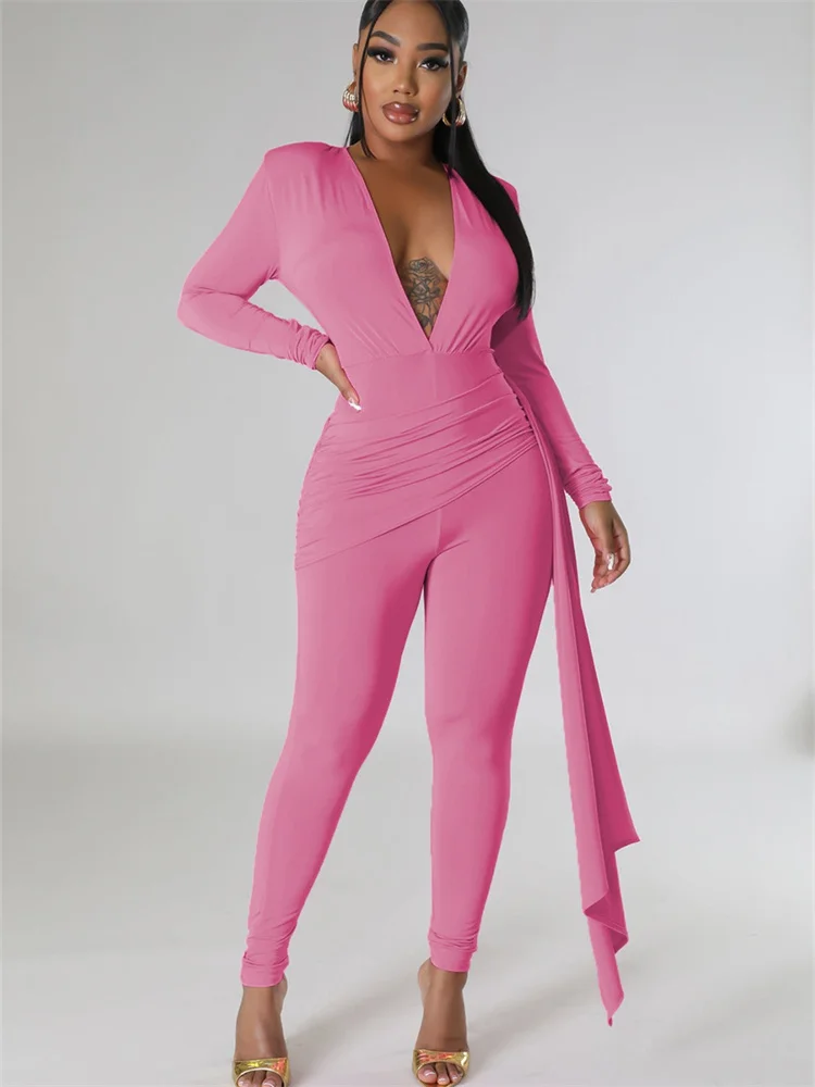 Wmstar Women Jumpsuit Fashion Deep V Neck  Sexy Bodycon Overalls Lady Office Solid Color Bodycon Rompers Wholesale Dropshipping