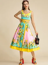  LD LINDA DELLA Fashion Designer Summer Skirts Sets Women's Short Spaghetti Strap Top + Lemon printed Holiday Skirts Suits 