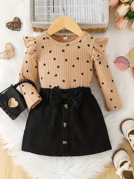 Spring and autumn style baby girl love print long-sleeve bow-decorated black skirt casual two-piece set 1