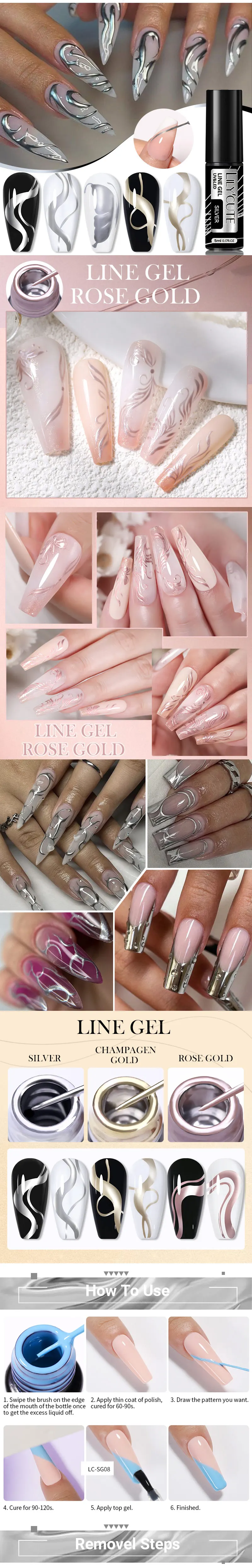 Description Picture 3 of itemLILYCUTE 5ml Champagne Chrome Gold Metallic Liner Gel Polish Super-Bright Mirror Effect French Style Drawing Line Nail Art Gel