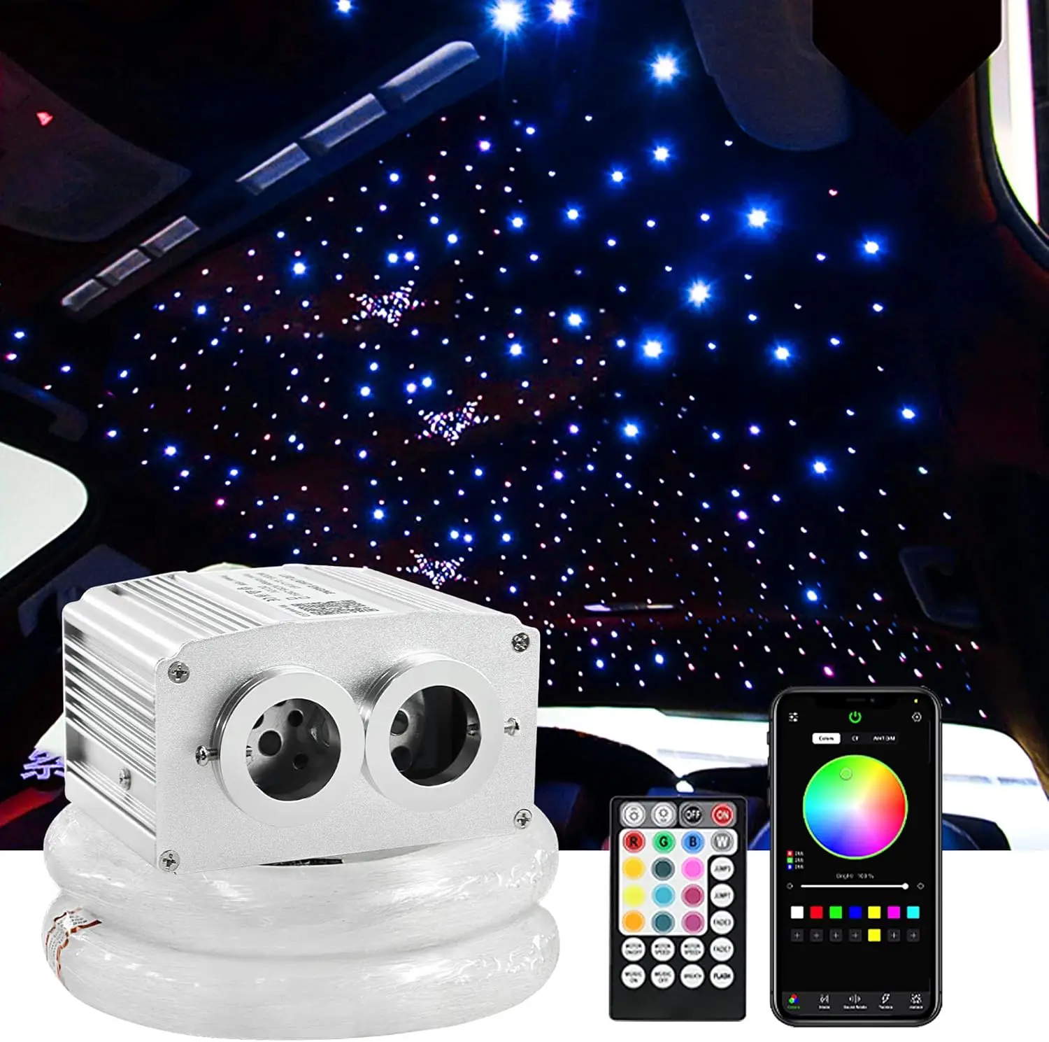 Double heads Car Use 16W Bluetooth APP Controlled RGBW Twinkle LED Fiber Optic Star Ceiling Smart Light Headliner 28key Sound RC