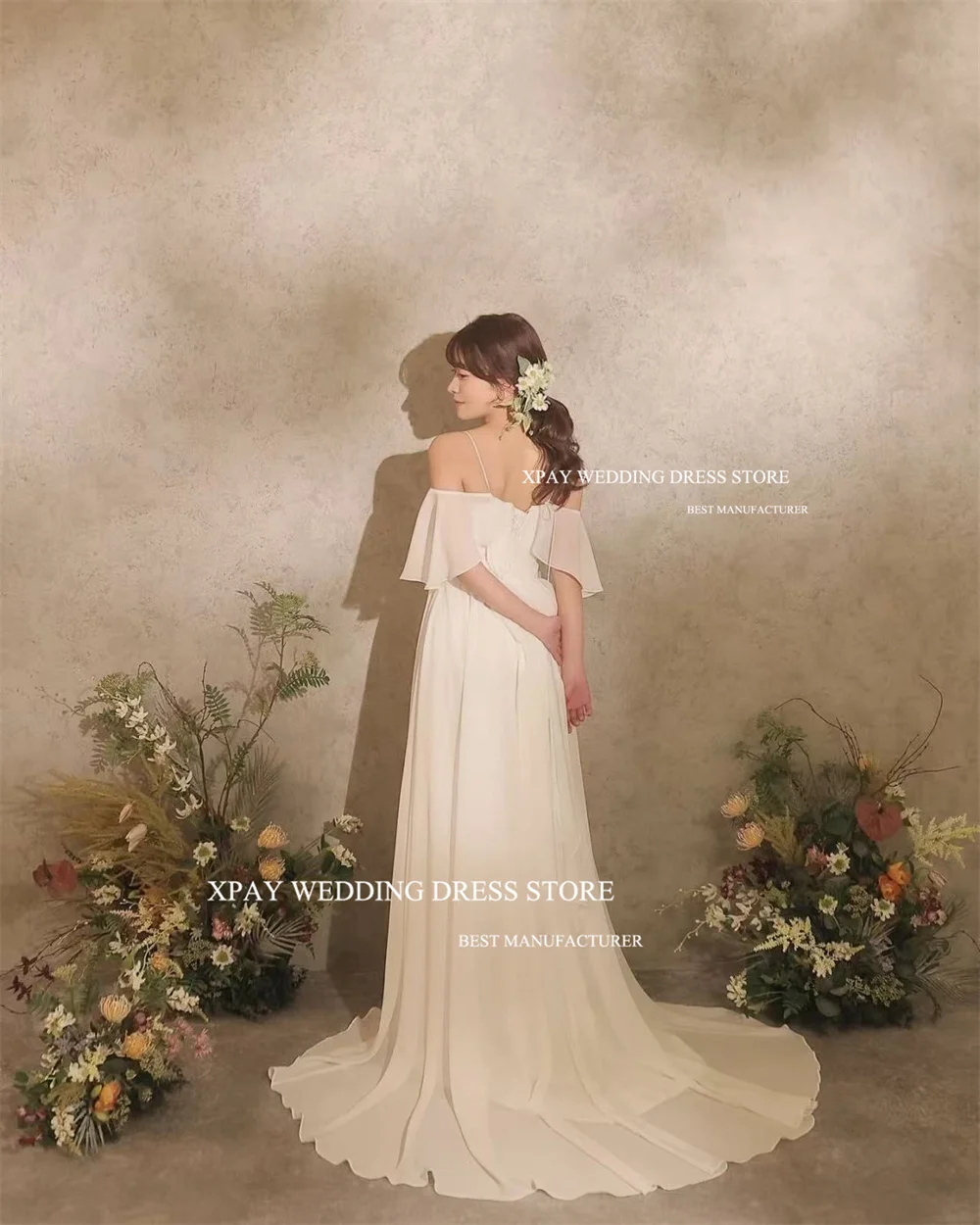 XPAY Elegant chiffon Train Wedding Dresses Japan  Korea Women Pleats Draped Floor ruffled sleeve Bridal Gowns Customized 3