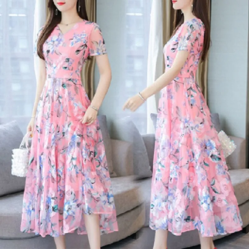 New Summer Women Chiffon Printed Dress V-neck Long Slim Dress Korean Version Plus Size Vacation Beach Female Clothes