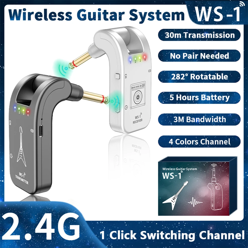 

2.4GHz Wireless Guitar System Audio Transmitter & Receiver 4 Channels 30m Transmission 282º Rotatable Head for Most Instrument