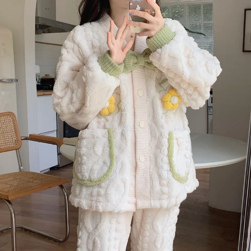 Coral Fleece Pajama Sets Women Winter Warm Sleepwear Long Sleeve Trouser Pajamas Flannel Thick Homewear Korean Kawaii Clothes