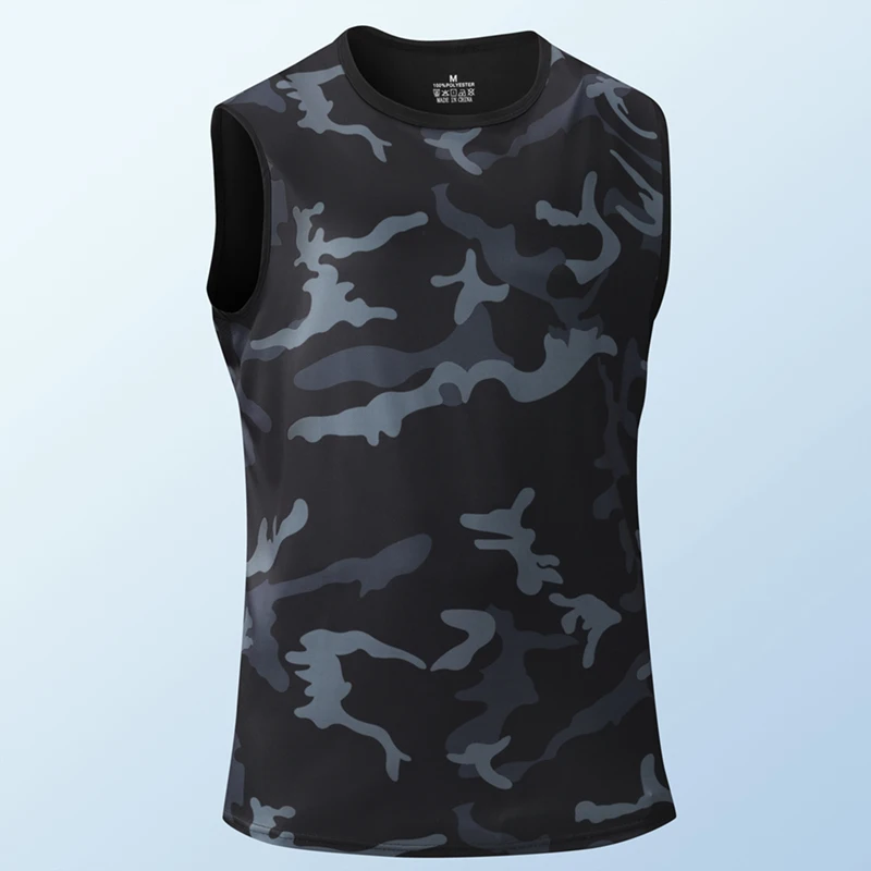 Canotta mimetica da uomo senza maniche girocollo in seta ghiaccio, gilet sportivo da uomo per tutti i giorni, fitness, moda, traspirante, t-shirt a maniche corte - immagine 2