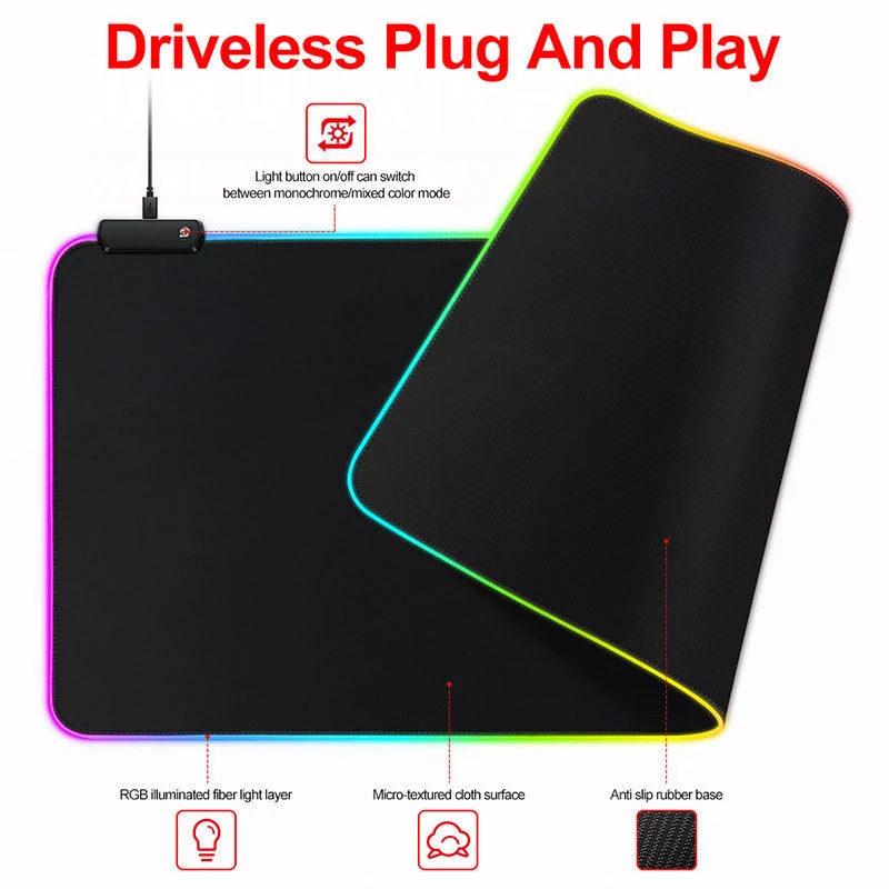 RGB 발광 퓨어 블랙 마우스 패드, 두꺼운 마우스 패드, 대형 테이블 패드, 암호화 미끄럼 방지, 멋진 초대형 E-스포츠 게임 사무실