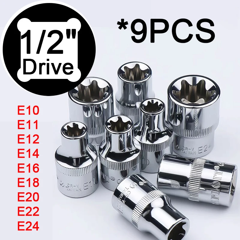 

9pcs 1/2" Drive E-Type Torx Star Bit Socket Set - E10 E11 E12 E14 E16 E18 E20 E22 E24 - Hand Repair Tools