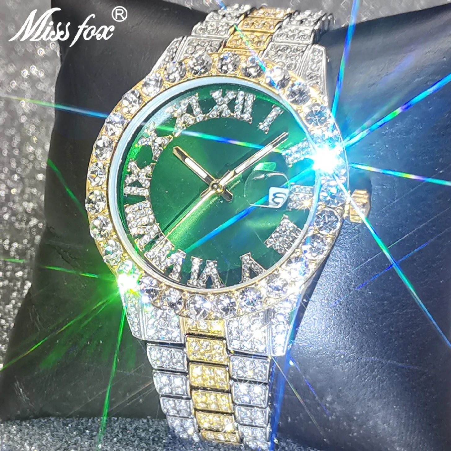 

Top Hip Hop New Iced Out Full Moissanite Green Quartz Watch Design Waterproof Dive Business Jewelry Clocks Montre Homme Luxe