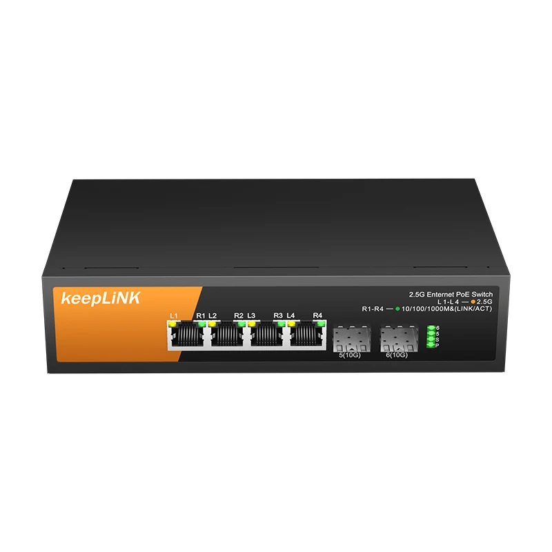 4-PoE 2.5Gb 이더넷 및 2-SFP+ 10Gb 업링크를 갖춘 KeepLiNK 6포트 멀티 기가비트 네트워크 스위치