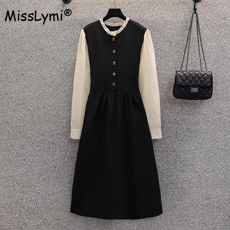 

Женское кружевное платье средней длины, элегантное белое платье составного кроя с круглым вырезом, длинными рукавами-фонариками и высокой талией в Корейском стиле на осень, 2023