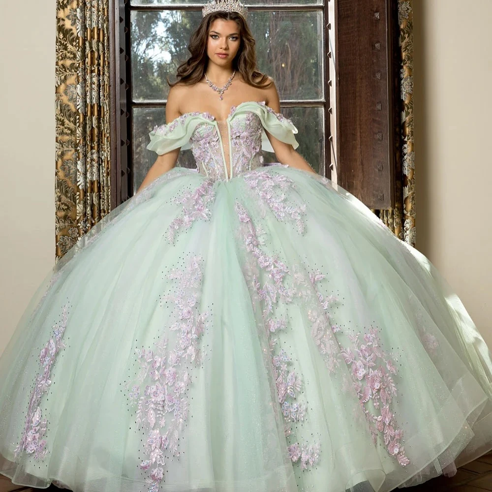 Sage Green Quinceanera Dresses Shiny Purple Lace Appliques Ball Gowns Sweet  16 | eBay