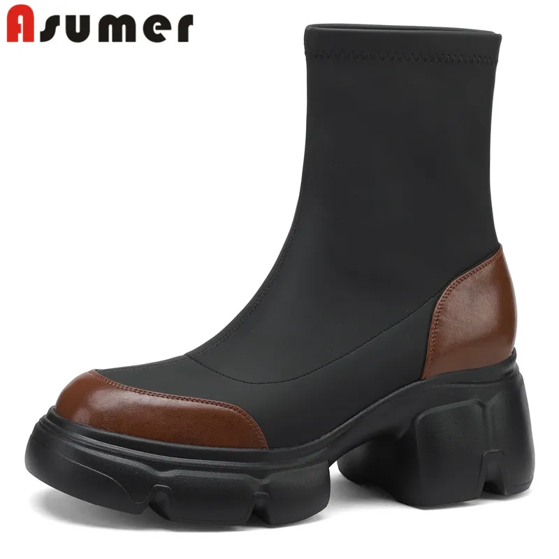 

ASUMER 2024 New Mixed Colors Synthetic Stretch Boots Square High Heels Ankle Winter Boots Ladies Slip On Platform Boots