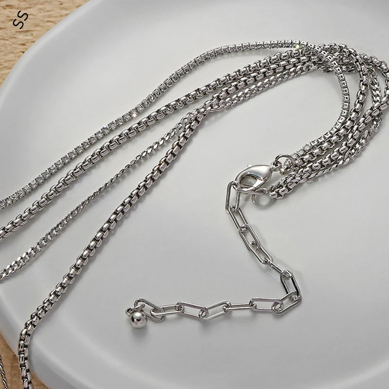 Sweet Pink Square Double Necklace Women's Pendant Temperament School Style Clavicle Chain Advanced Sense Lady Garment Accessory