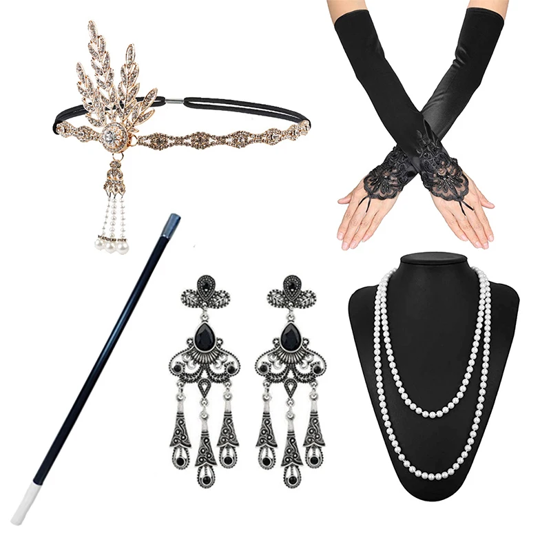 

1Set 1920's Cosplay Flapper Halloween Charleston Costume Accessories Black Red Headpiece Pearl Necklace Feather Headband Set