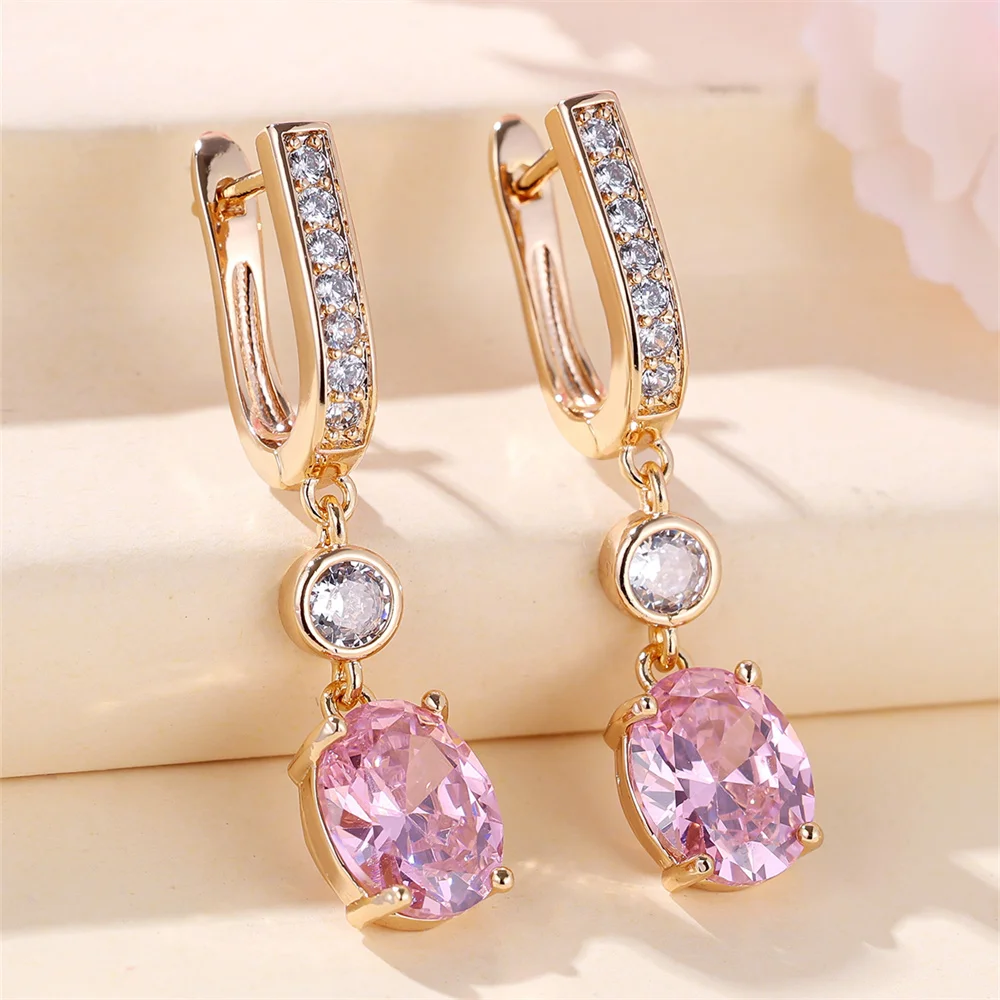 Pink Crystal Oval Stone Pendant White Zircon Hoop Earrings For Women Gold Color Ear Buckle Wedding Jewelry Engagement Party Gift