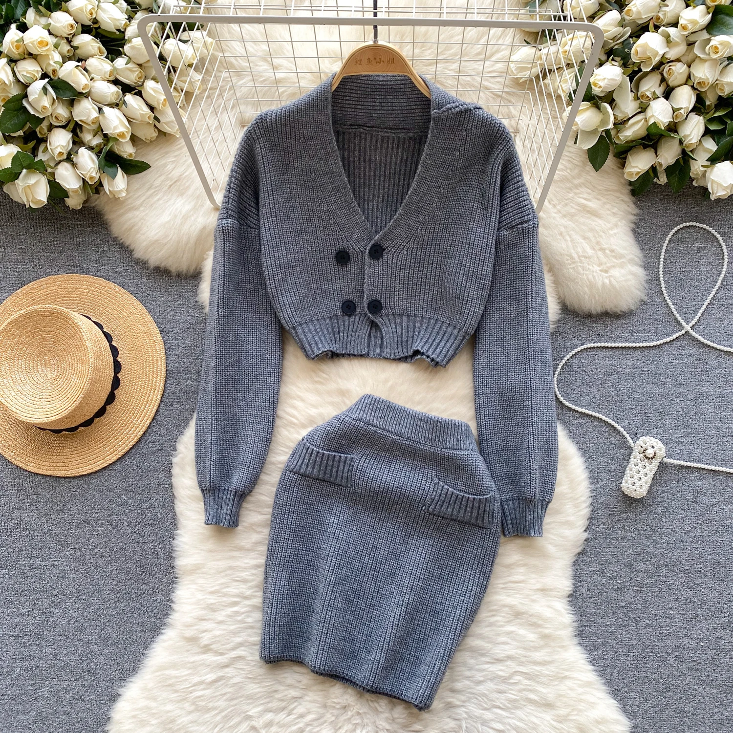 

Fashion V-neck suit casual double breasted cardigan + skirt two-piece set