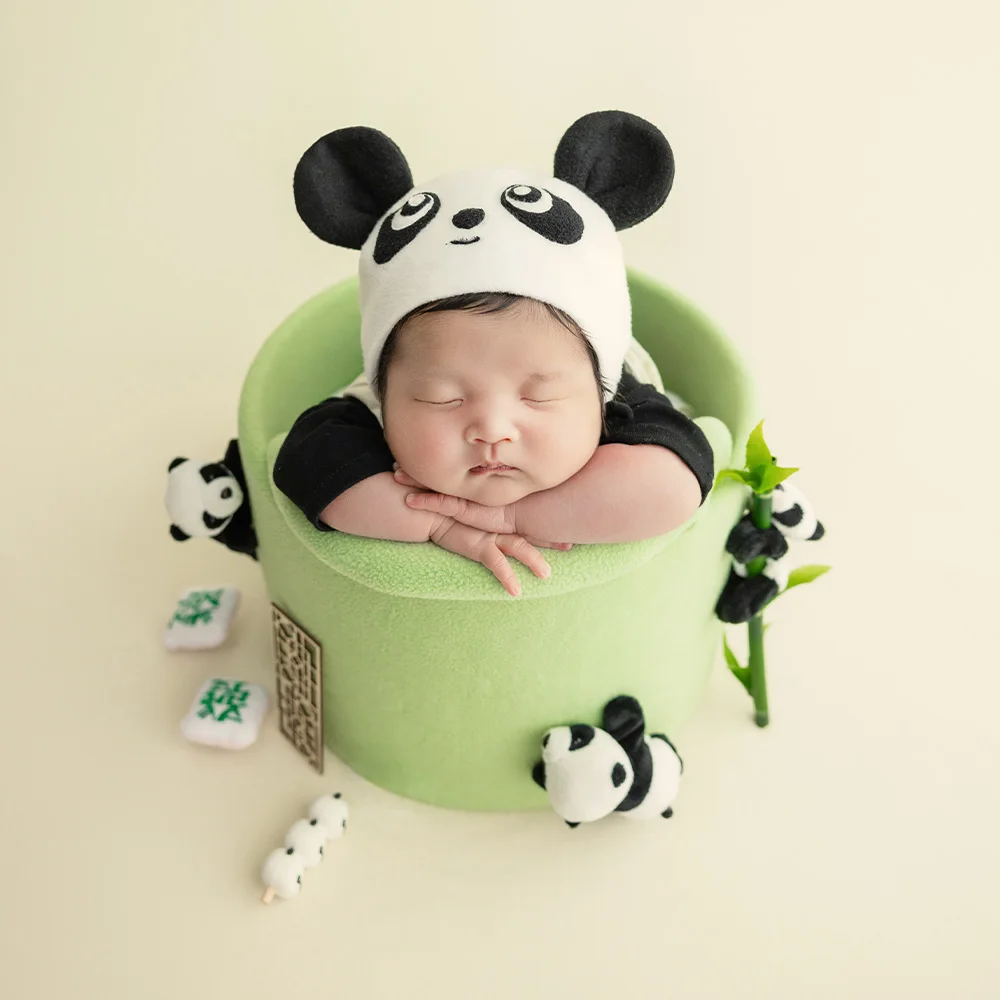 Newborn Bear Outfit for Photography Lovely Panda Theme Baby Clothes Hat With Ears Doll Bamboo Full Month Infant Photoshoot Props