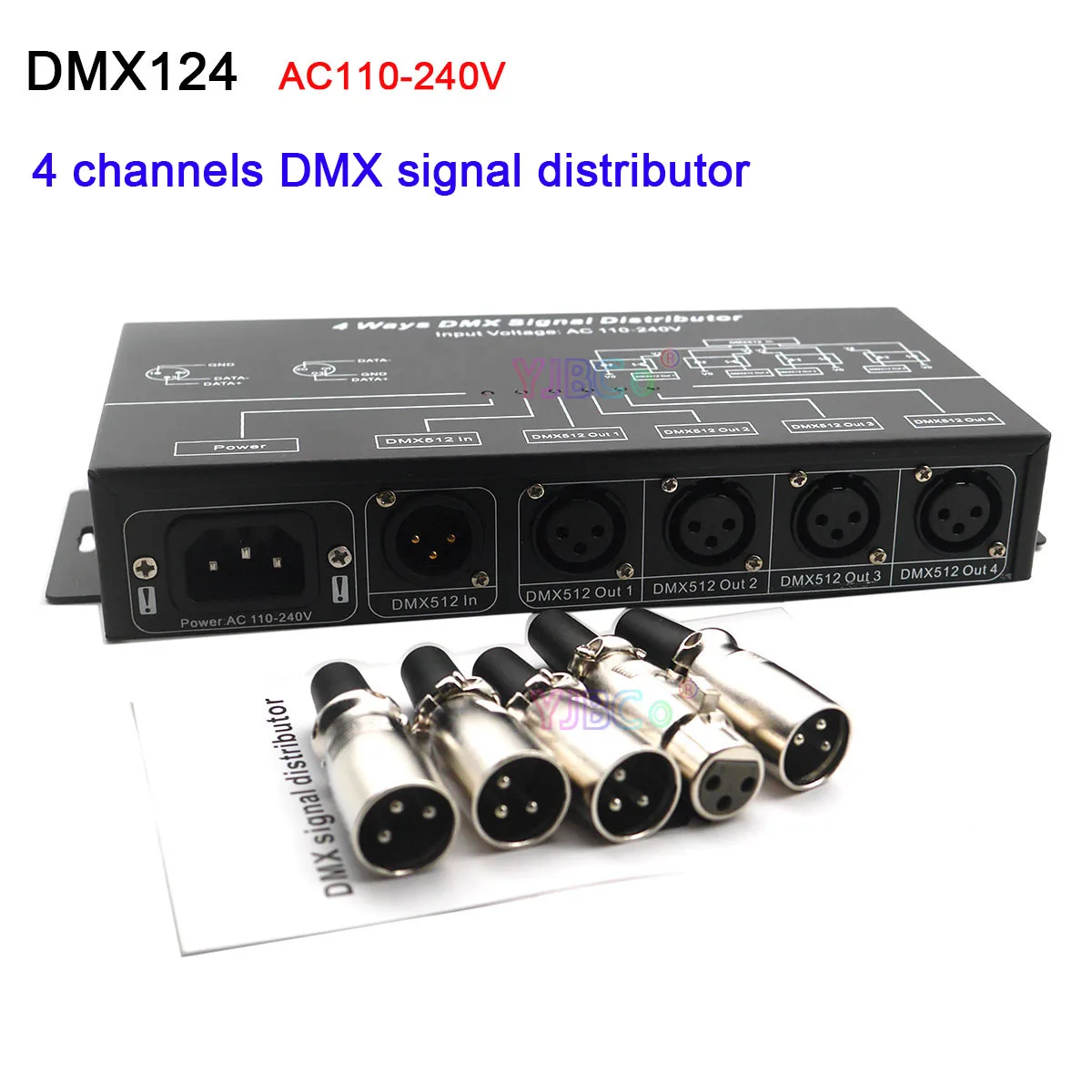 DMX124 4 channels LED DMX512 amplifier Splitter 4CH DMX signal repeater 4 output ports DMX signal distributor;AC 110V-220V input