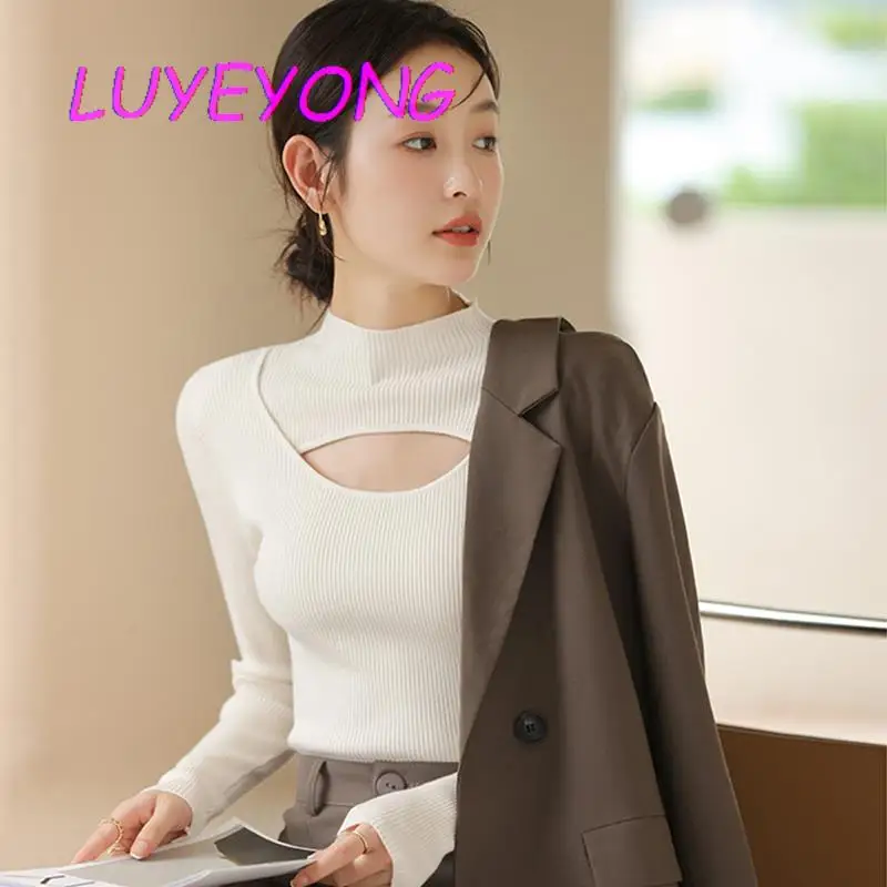 

Pullover Sweater Slim Solid Color Long Sleeve Tops Mujer Sweter Lady O Neck Hollow Out Bust Sweaters Women Sexy Basic Knit Top