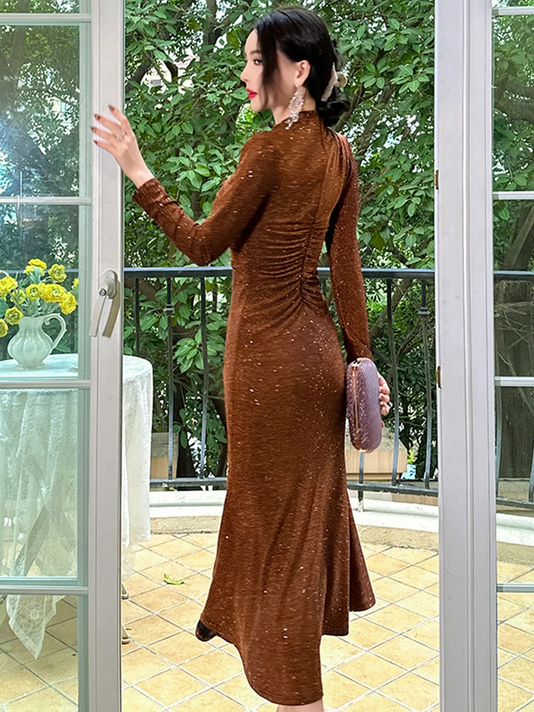 Nuova primavera signora elegante glitter lucido abito da sera