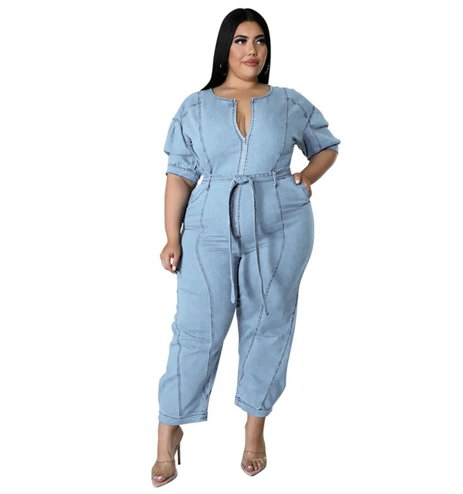 Wmstar Plus Size Jumpsuit Women Denim Zipper Up Sashes Pockets Trousers Stretch Straight Bodysuit 2022 Wholesale Dropshipping