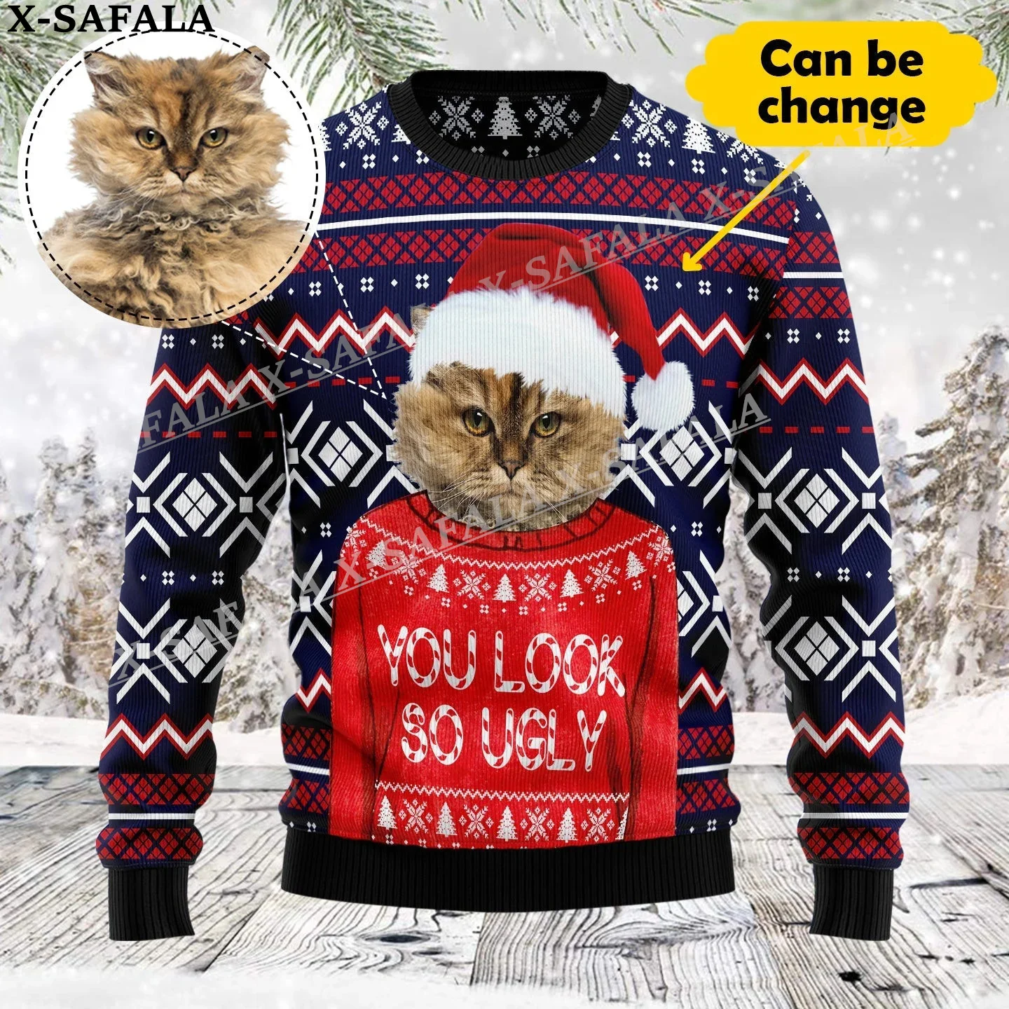 thumbnail image 1 of Suéteres de punto navideños feos con personajes/mascotas personalizados y fotos personalizadas, jerséis de regalo de Navidad, tops para parejas, fiestas, unisex, informales, 5, 1 of 5
