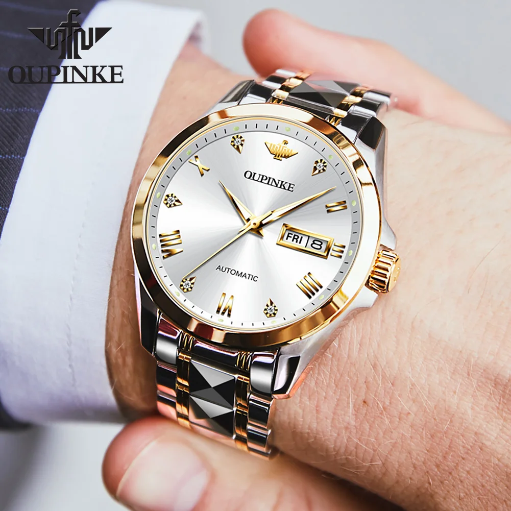 OUPINKE 3171 Automatic Watch For Men Dual Calendar Roman Scale Original Mechanical Wristwatch Luxury Business Man Dress Watches