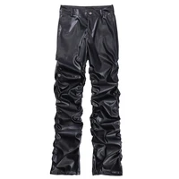 Hip Hop Mens Pleated Pu Leather Pants Harajuku Retro Streetwear Loose Ruched Casual Trousers Straight Solid Color Black Pants 5