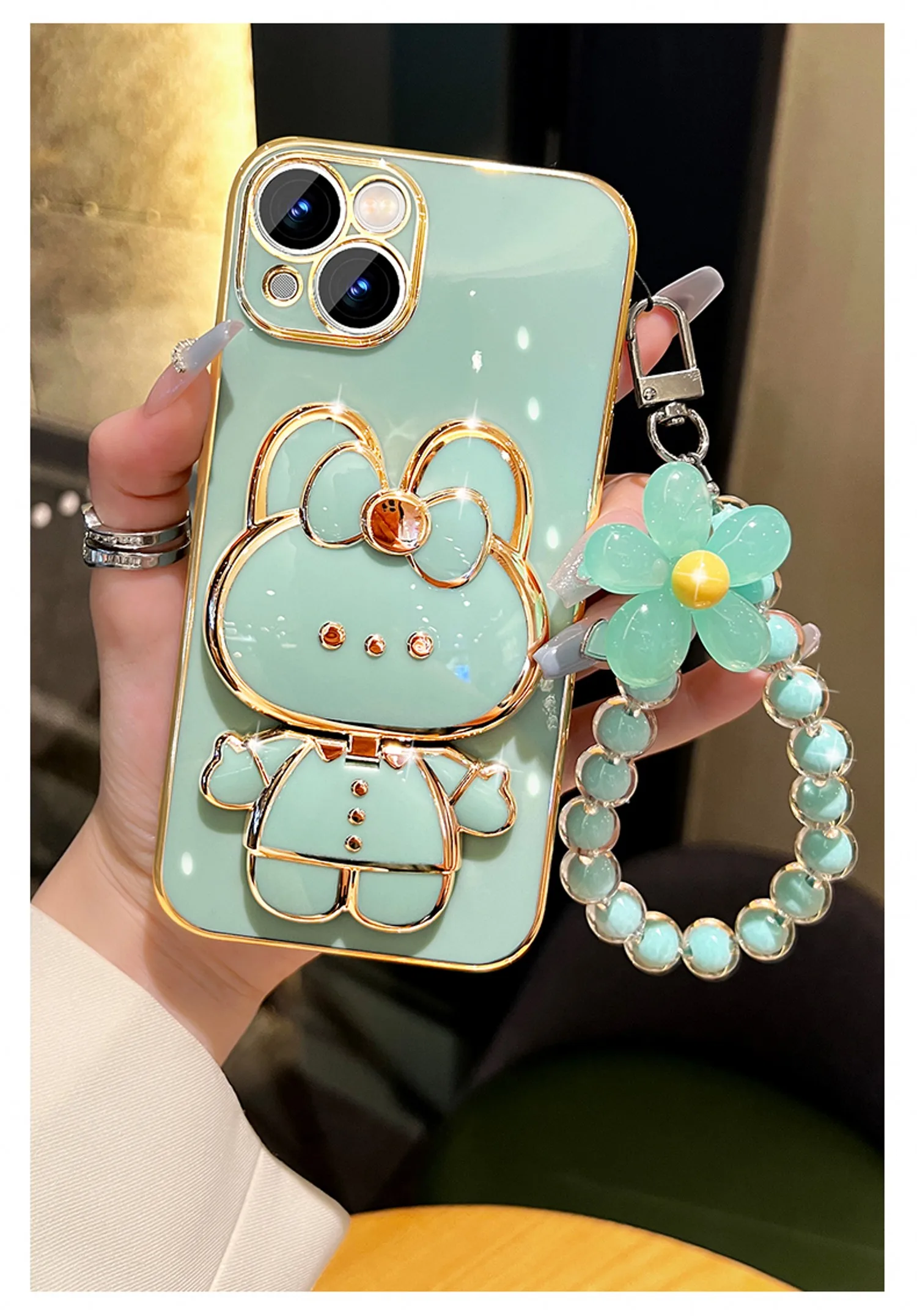 Bunny Phone Case With Mirror Holder And Flower Strap Plating_voghion.com