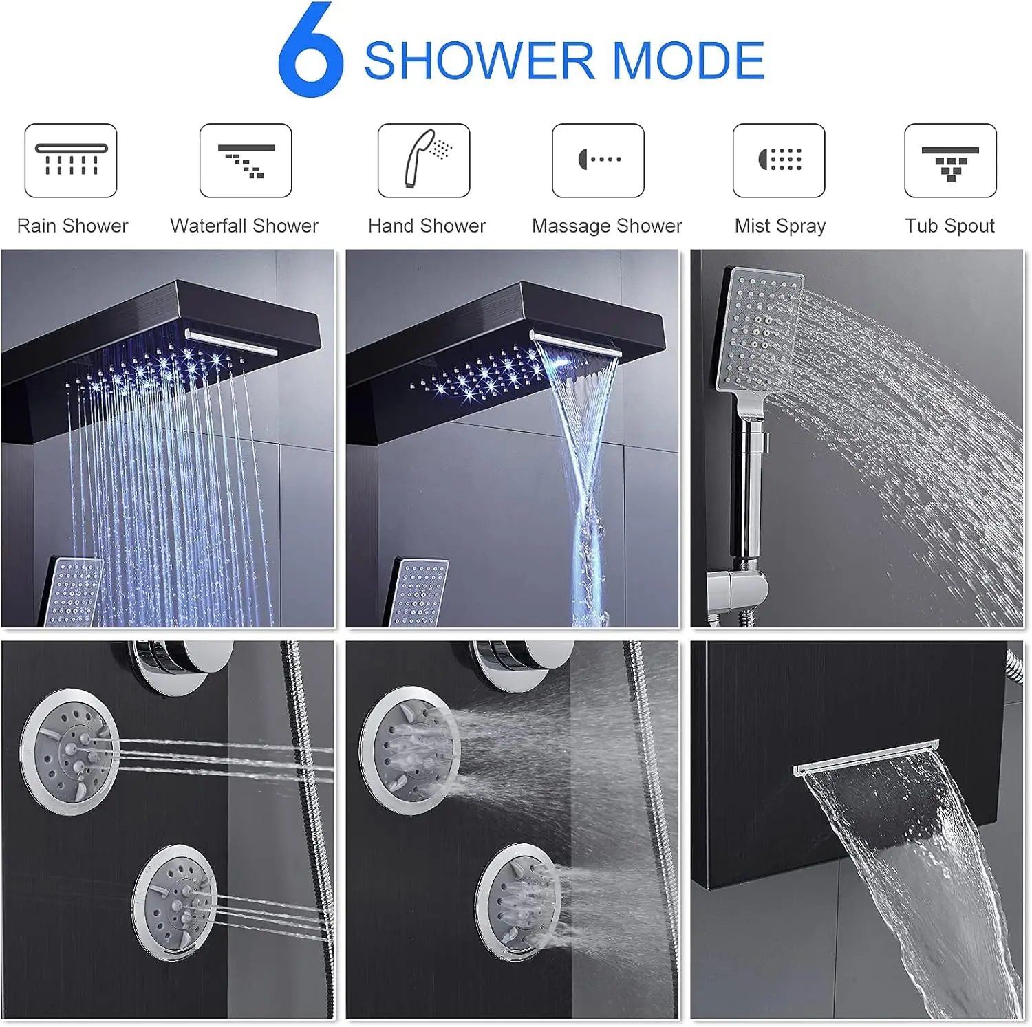 LED Shower Panels Tower System 304 Stainless Steel Bathroom Shower Panel System with 4 Body Jets Rainfall Waterfall Black