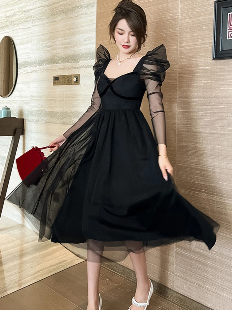 【美品】sheer puff long dress BLACK Kimberley Sheer Maxi Dress | Puff Sleeve Rhinestone Black