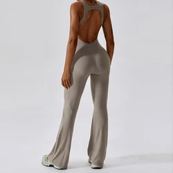 Elegant V-Back Jumpsuit Yoga Set - Women's Stretch Fitness Bodysuit - L (Flaxen)