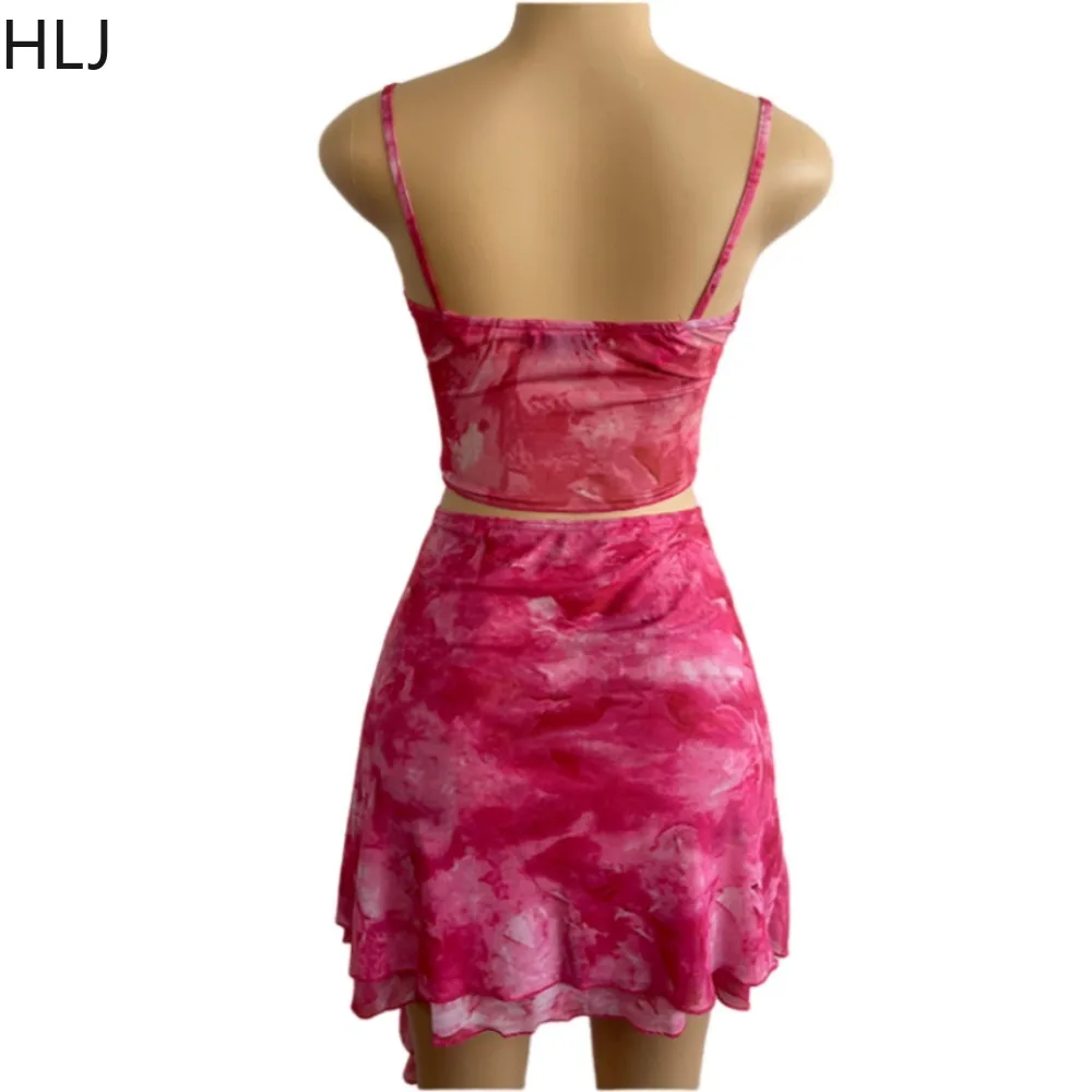 HLJ Sexy Mesh Tie Dye Print Slit Skirts Two Piece Sets Women Thin Tank And Mini Skirts Outfits Fashion Female Nightclub Clothing
