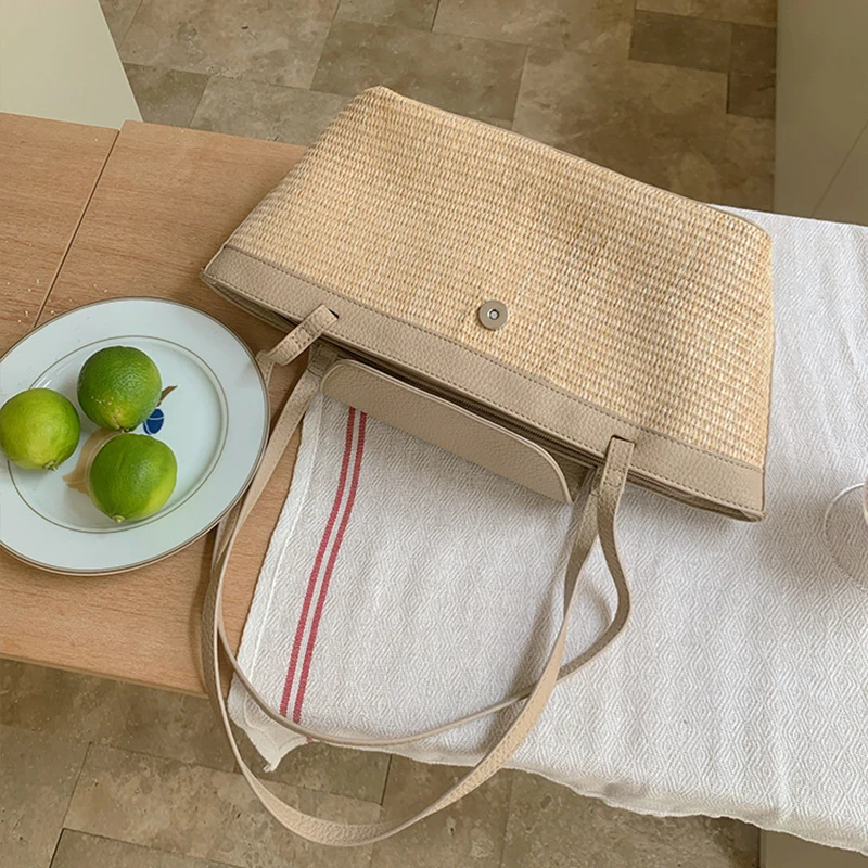 Fashion Women's Large Capacity PU Shoulder Bag Patchwork Woven Stick Tote Casual Handbag with Contrasting Colors 2025 New Style