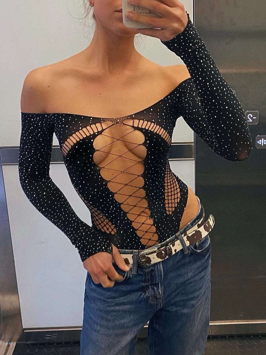 

Sexy Bodycon Women’s Off Shoulder Bodysuit Shiny Rhinestone Club Wear Party Long Sleeve Hollow Out Slim Fit Leotard Tops