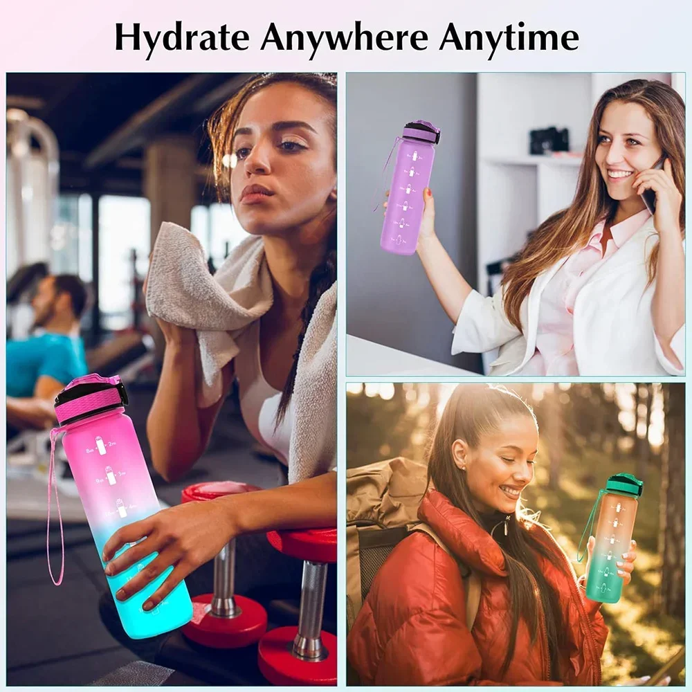 1L Gradient Color Motivational Sports Water Bottle Time Marker Water Bottle Straw Office Exercise Gym Outdoor sports water bottle,sports bottle,water bottle
