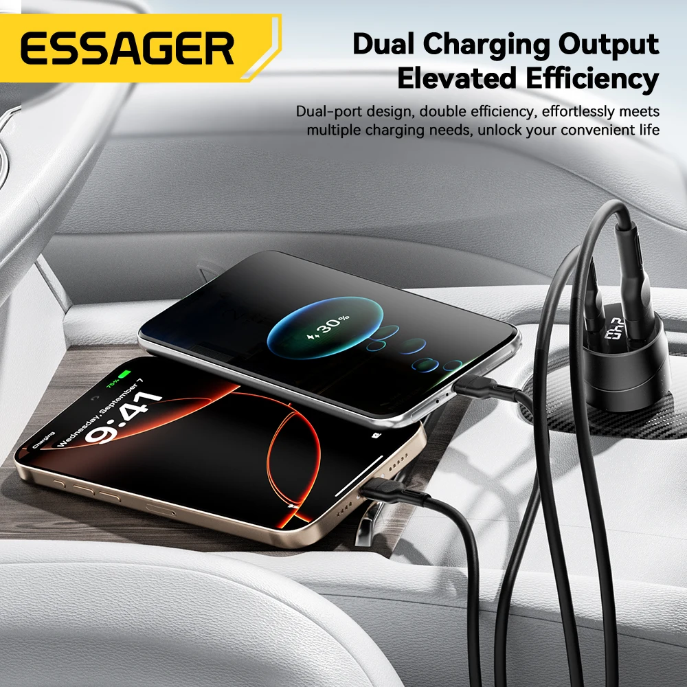 Essager 140W Car Charger PD 3.1 Fast Charging Quick Charge 4.0 For Macbook Pro Laptop USB Type C Car Phone Charger For iPhone 16