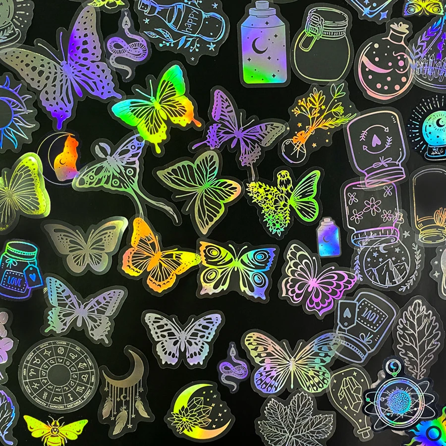 50/200 Holographic Glitter Stickers Butterfly Plant Starry Sky Moon Retro Laser Stickers PET DIY Diary Album Decorative Stickers