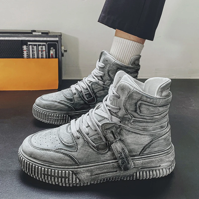 Retro Style Classic Men's Casual Walking Outdoor Vulcanized Large Size Solid Color Dirt Resistant Lace-up High Top Board Shoes 4