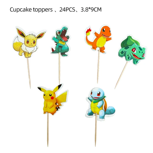 TAKARA TOMY Pikachu Pokemon Birthday Decoration Disposable Cutlery Cup Plate Napkin Tablecloth Bag Baby Shower Party Supplies Cupcake toppers-24P