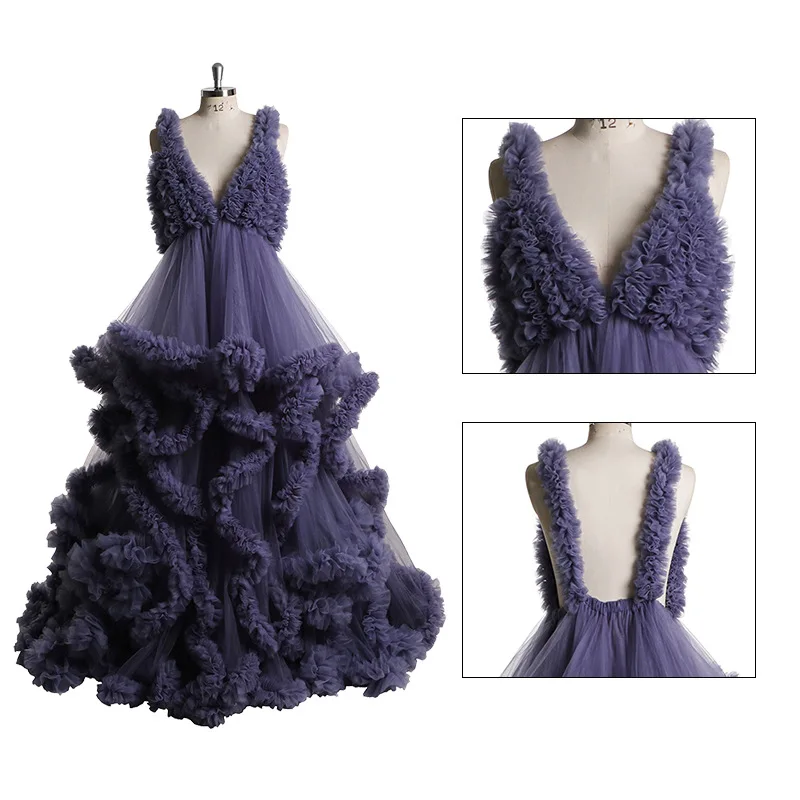 

Tulle Maternity Robe for Photoshoot Puffy Ruffles Bridal Long Pleated Dresses Ladies Photo Shoot Custom Maternity Dresses