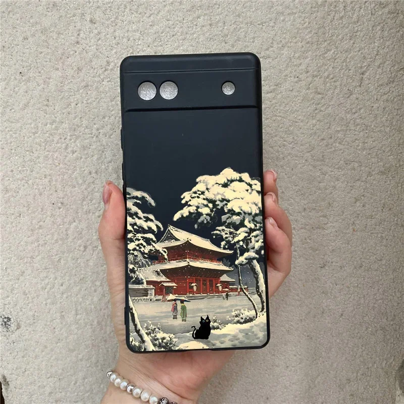 Japanese Aesthetic Black Cat Landscape Soft Silicone Phone Case