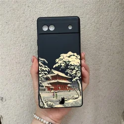 Japanese Aesthetic Black Cat Landscape Soft Silicone Phone Case - Pixel 8A (Style 1)