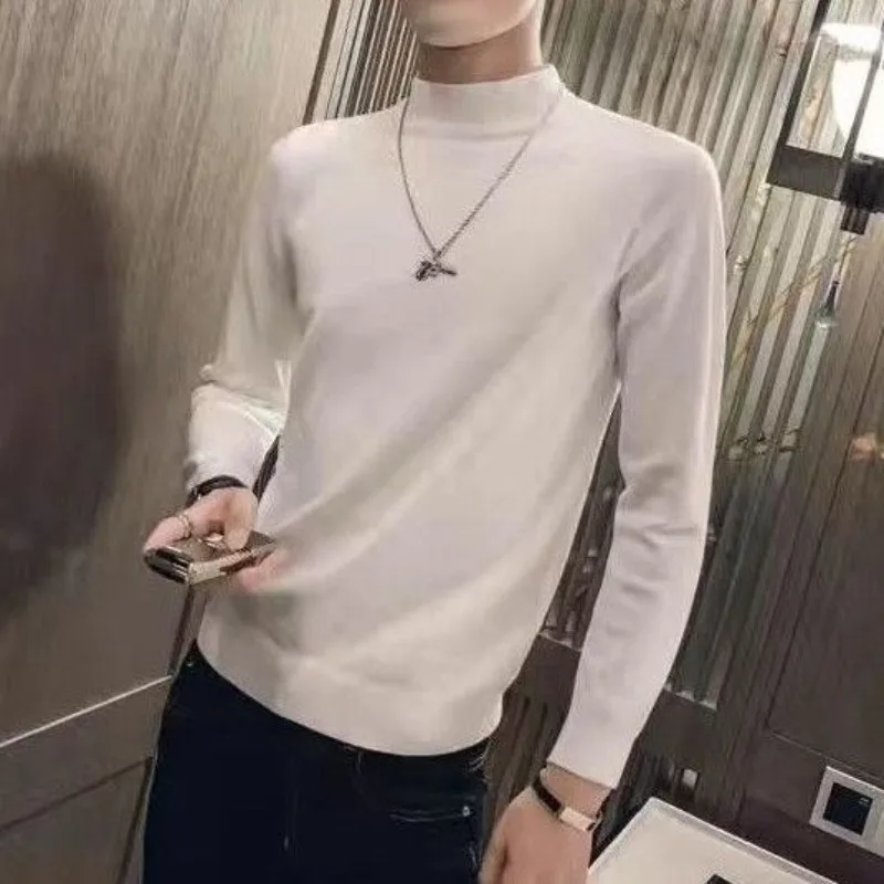 Autumn and Winter Round Neck Solid Color Patchwork Plaid Sweaters Men's Loose Casual Long sleeved Pullover Bottom Knitted Tops