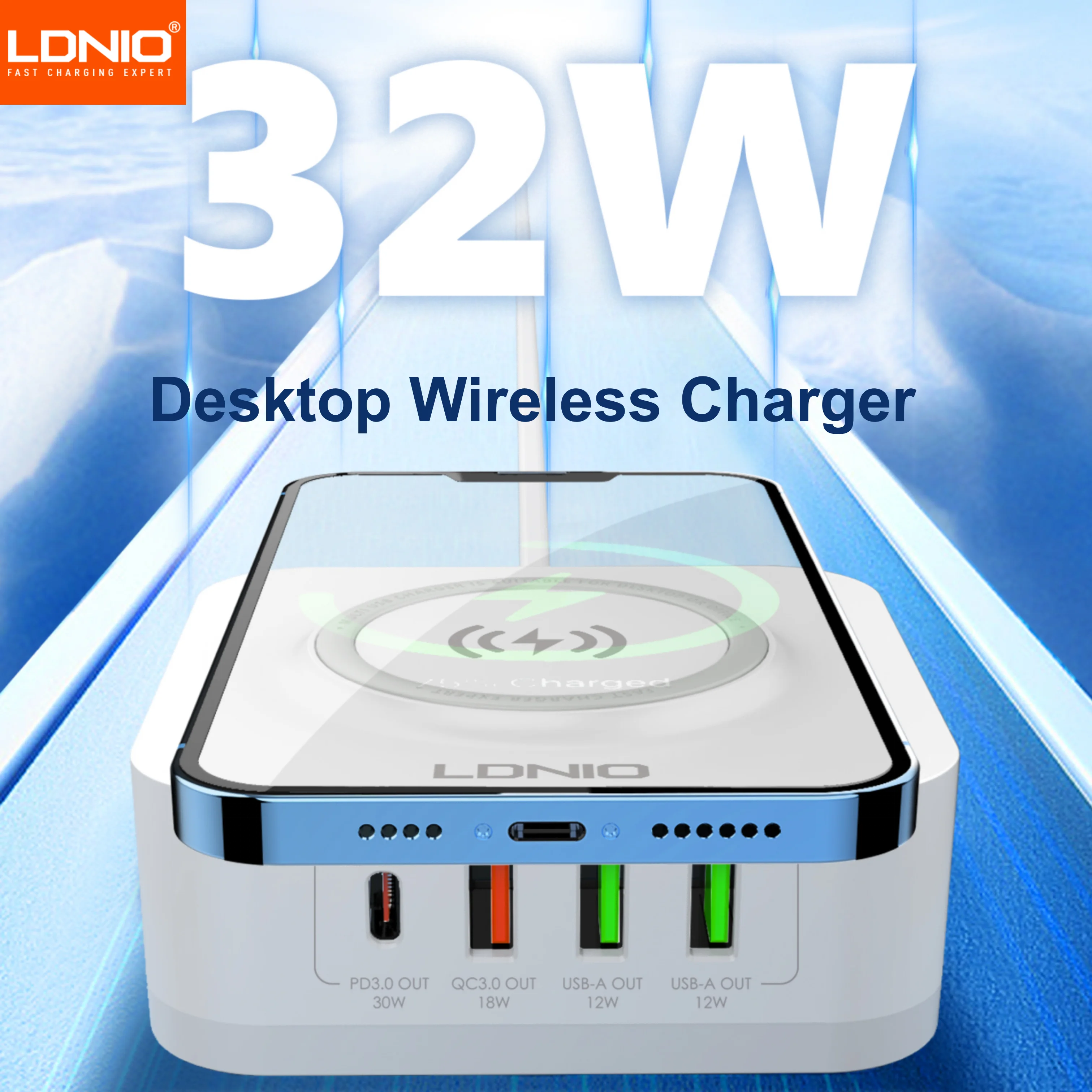 

32W Portable USB Charging Station with Desktop Wireless Charger , LDNIO 6-in-1 Multiple USB Ports Charging Pad for iPhone Watch