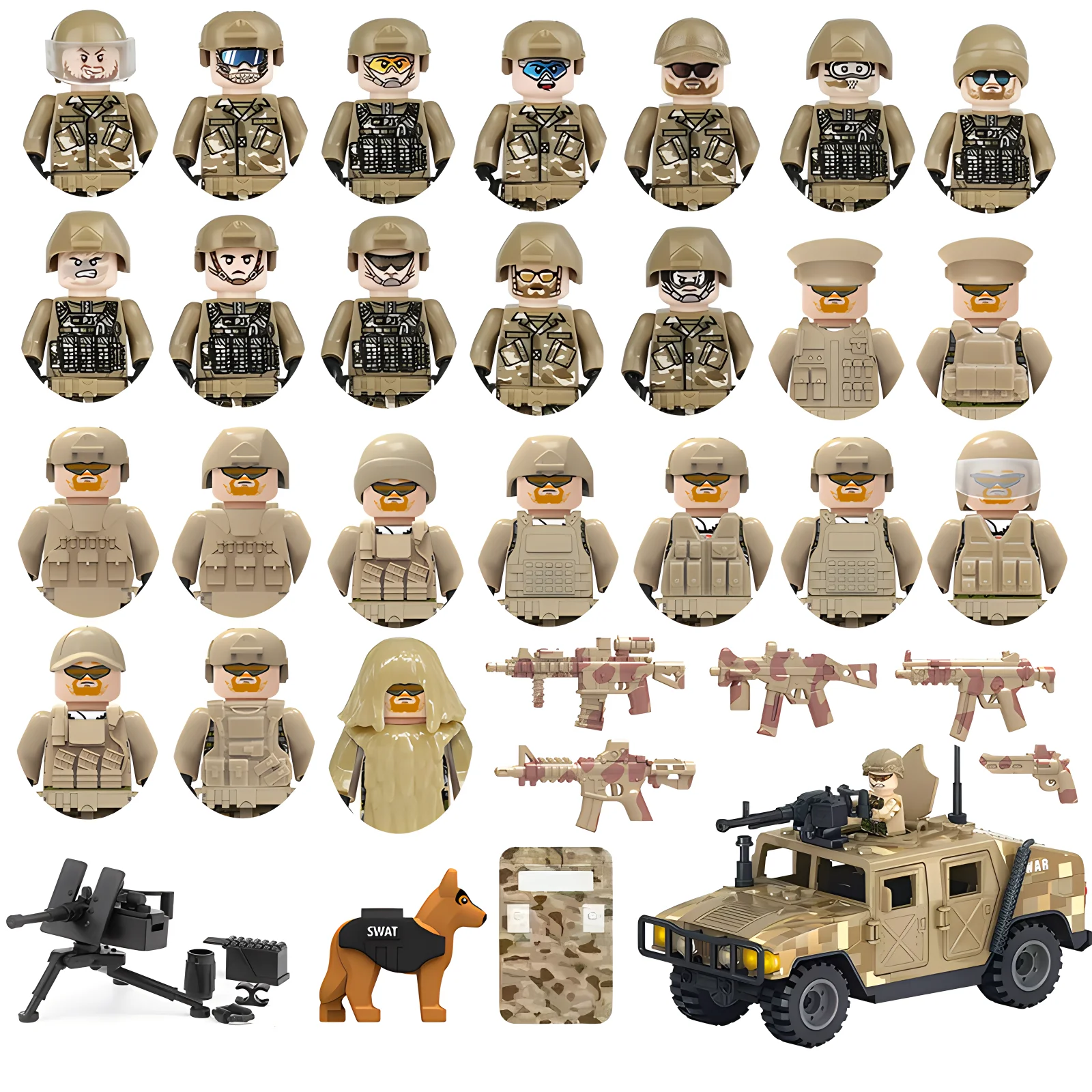 Militärische Spezialeinheiten SWAT Gangster-Jeeps Geländewagen Angriffsboot Modell Soldat Waffen Baustein-Spielzeug für Kinder