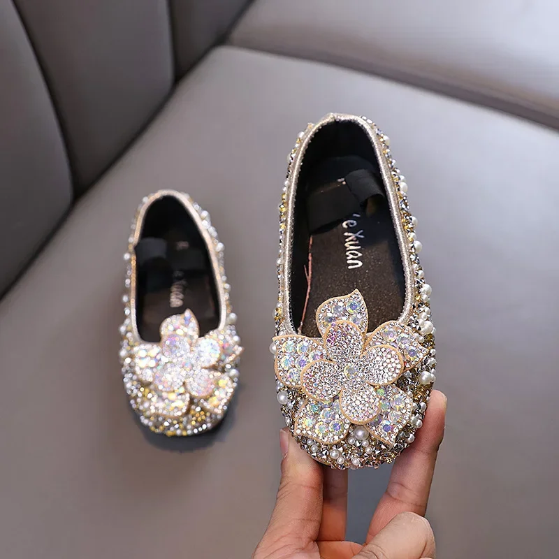 Girls Leather Ballet Flats Rhinestone Shoes
